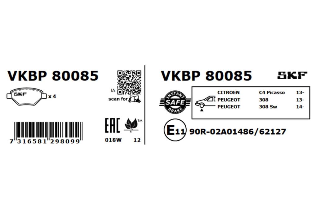 Jeu de 4 plaquettes de frein SKF ref. VKBP 80085